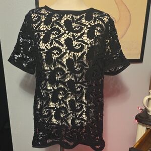 Loft Black Lace Like See Through Top Medium